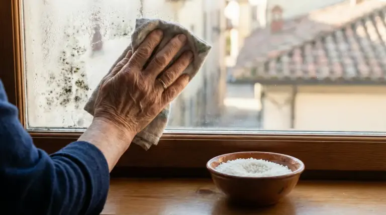 Una persona pulisce un vetro con muffa e condensa vicino a una ciotola di riso
