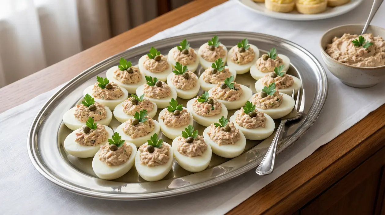 Uova sode ripiene con crema di tonno e maionese, servite su un vassoio.