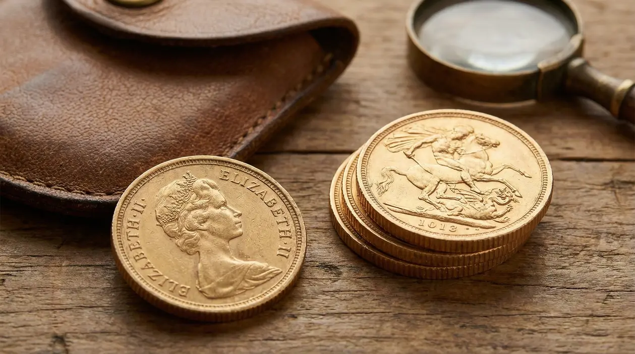 Sterline d'oro antiche su un tavolo di legno accanto a una lente d'ingrandimento e un portamonete