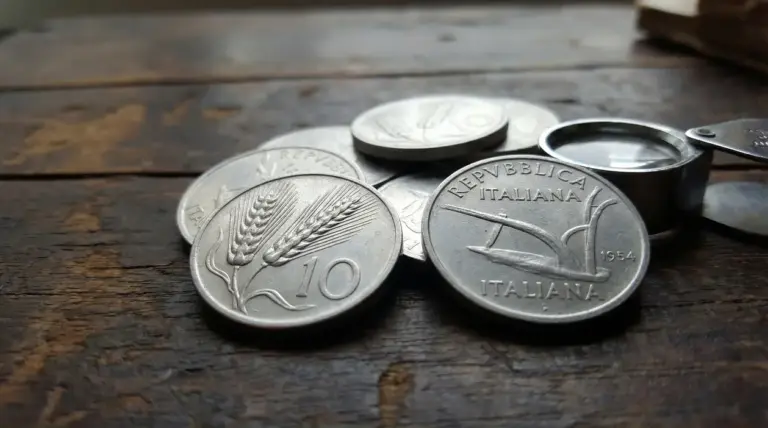 Vecchie monete italiane da 10 lire con la spiga e l’aratro su un tavolo di legno