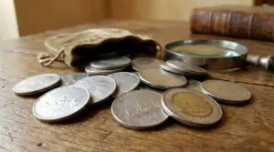 Vecchie monete italiane da 500 lire sparse su un tavolo di legno con lente e sacchetto.