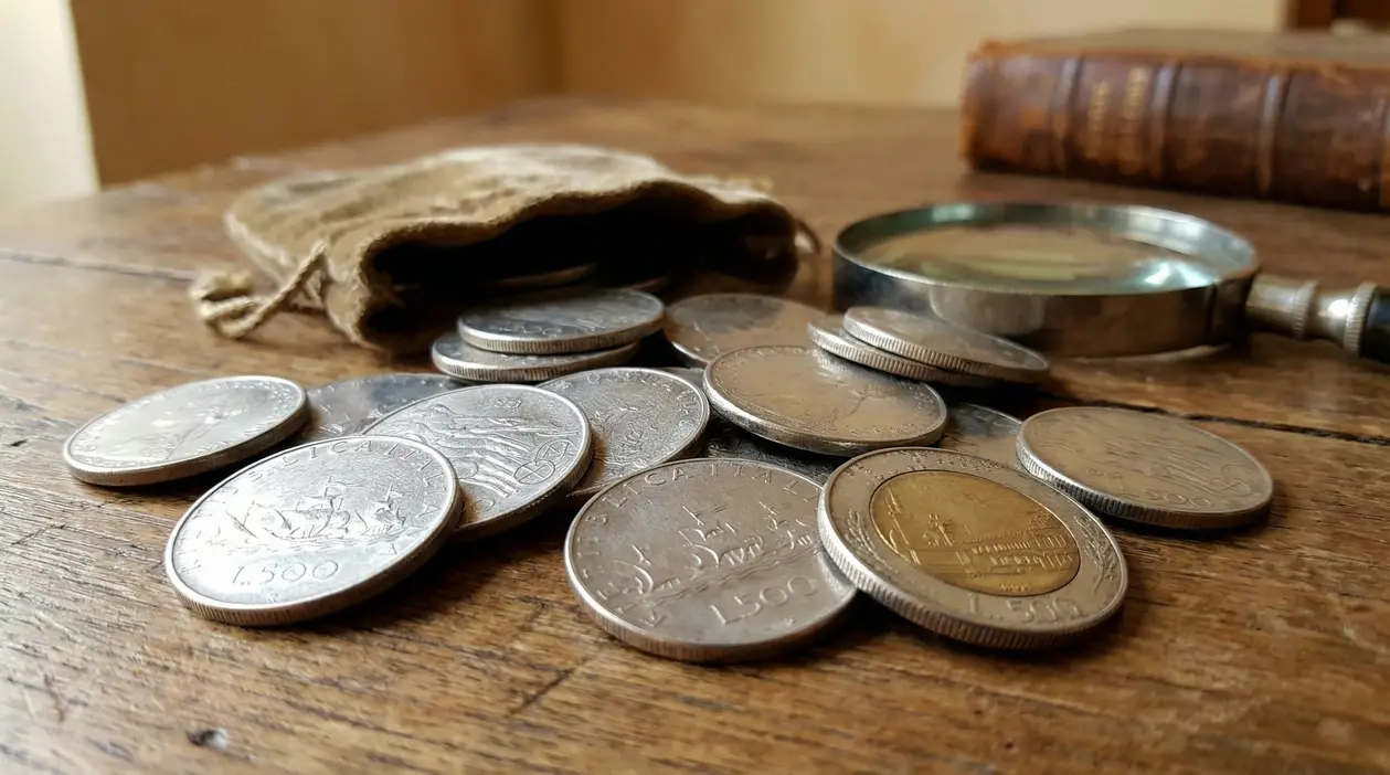 Vecchie monete italiane da 500 lire sparse su un tavolo di legno con lente e sacchetto.