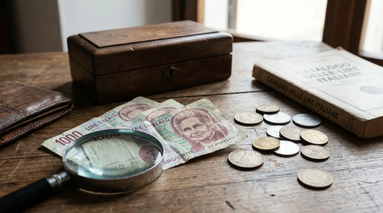 Vecchie banconote da mille lire con Maria Montessori e monete su un tavolo di legno