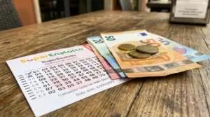 Schedina del SuperEnalotto accanto a banconote e monete su un tavolo di legno